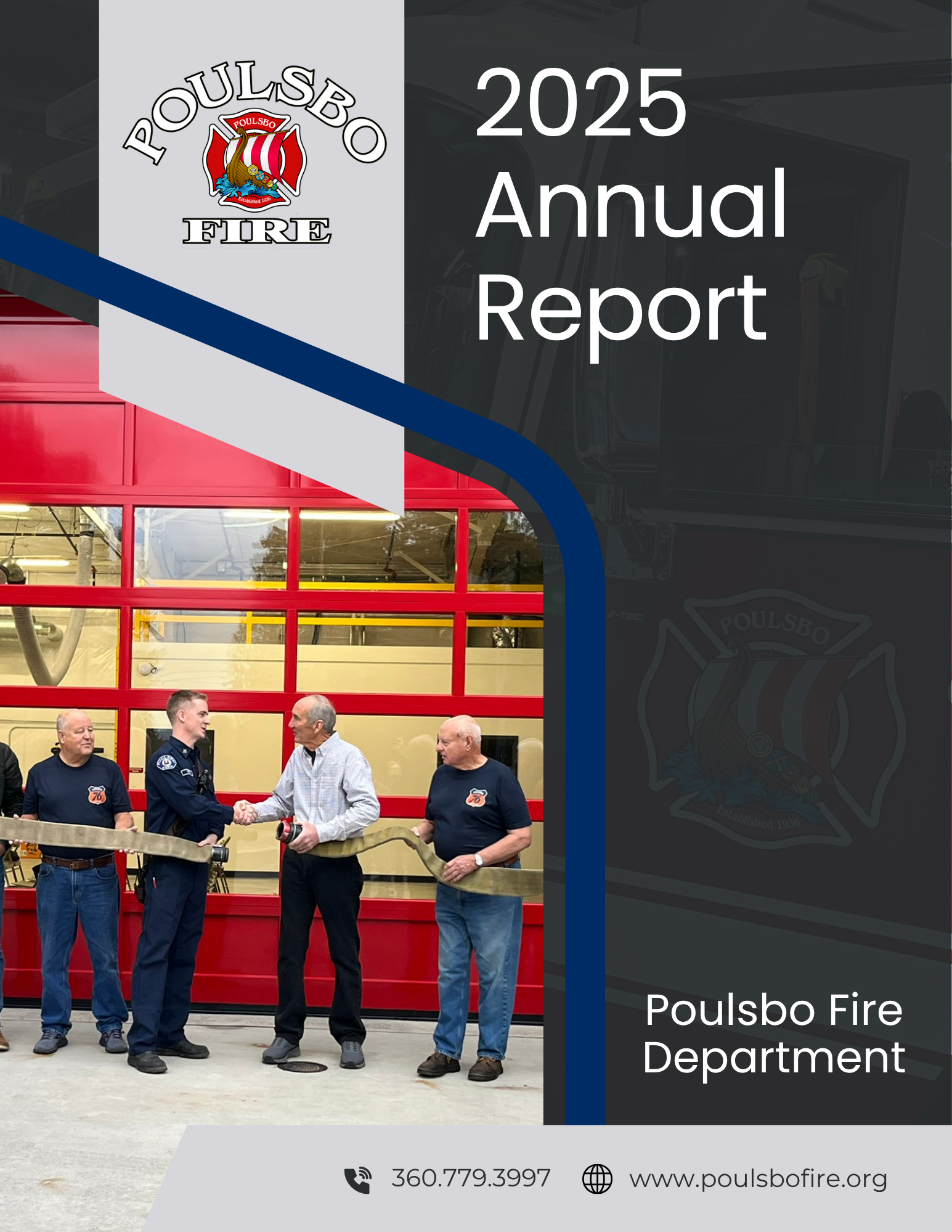 Cover of the 2025 Poulsbo Fire Department Annual Report. Features men in front of a red garage, shaking hands, holding a fire hose.